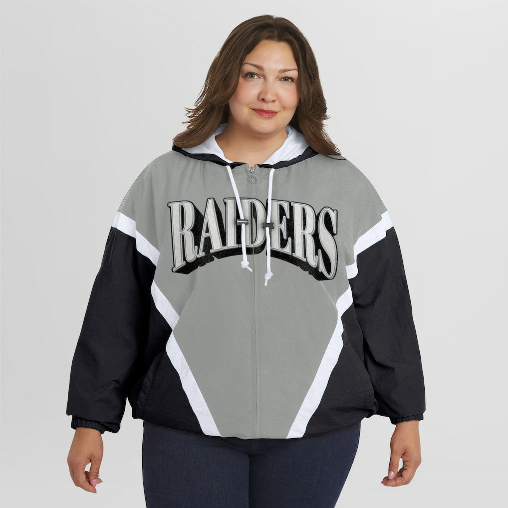 Las Vegas Raiders WEAR by Erin Andrews Women's Plus Size Retro Crinkle Full-Zip Hoodie Windbreaker Jacket | NFL Outlet