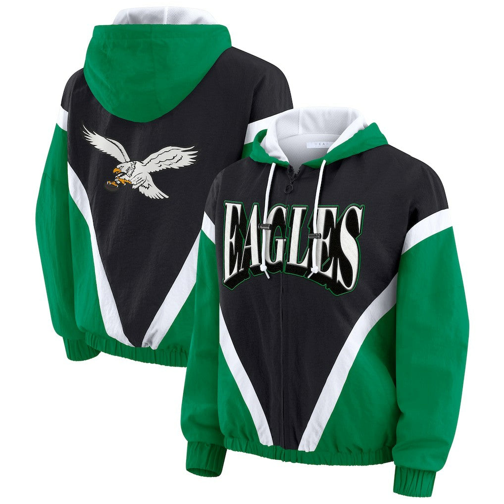 Philadelphia Eagles WEAR by Erin Andrews Women's Plus Size Retro Crinkle Full-Zip Hoodie Windbreaker Jacket | NFL New