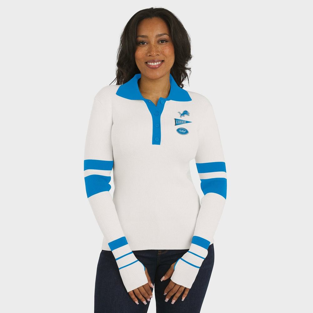 Detroit Lions WEAR by Erin Andrews Women's Ribbed Henley Polo Sweater | NFL Sale