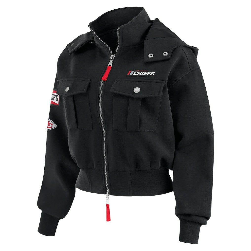 Kansas City Chiefs WEAR by Erin Andrews Women's Tri-Blend Patch Pocket Cropped Full-Zip Bomber Hoodie Jacket | NFL Hot