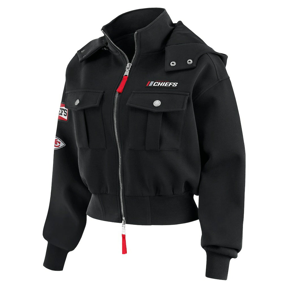 Kansas City Chiefs WEAR by Erin Andrews Women's Tri-Blend Patch Pocket Cropped Full-Zip Bomber Hoodie Jacket | NFL Hot