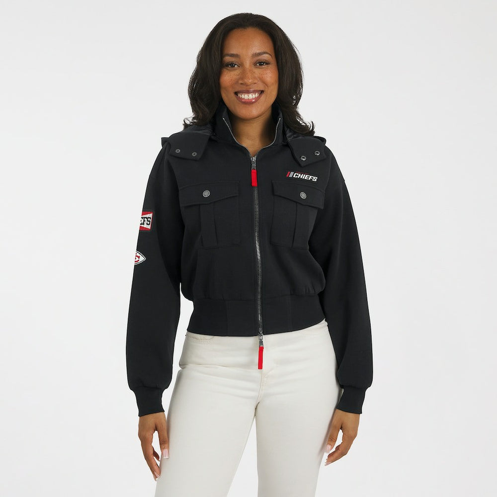 Kansas City Chiefs WEAR by Erin Andrews Women's Tri-Blend Patch Pocket Cropped Full-Zip Bomber Hoodie Jacket | NFL Hot