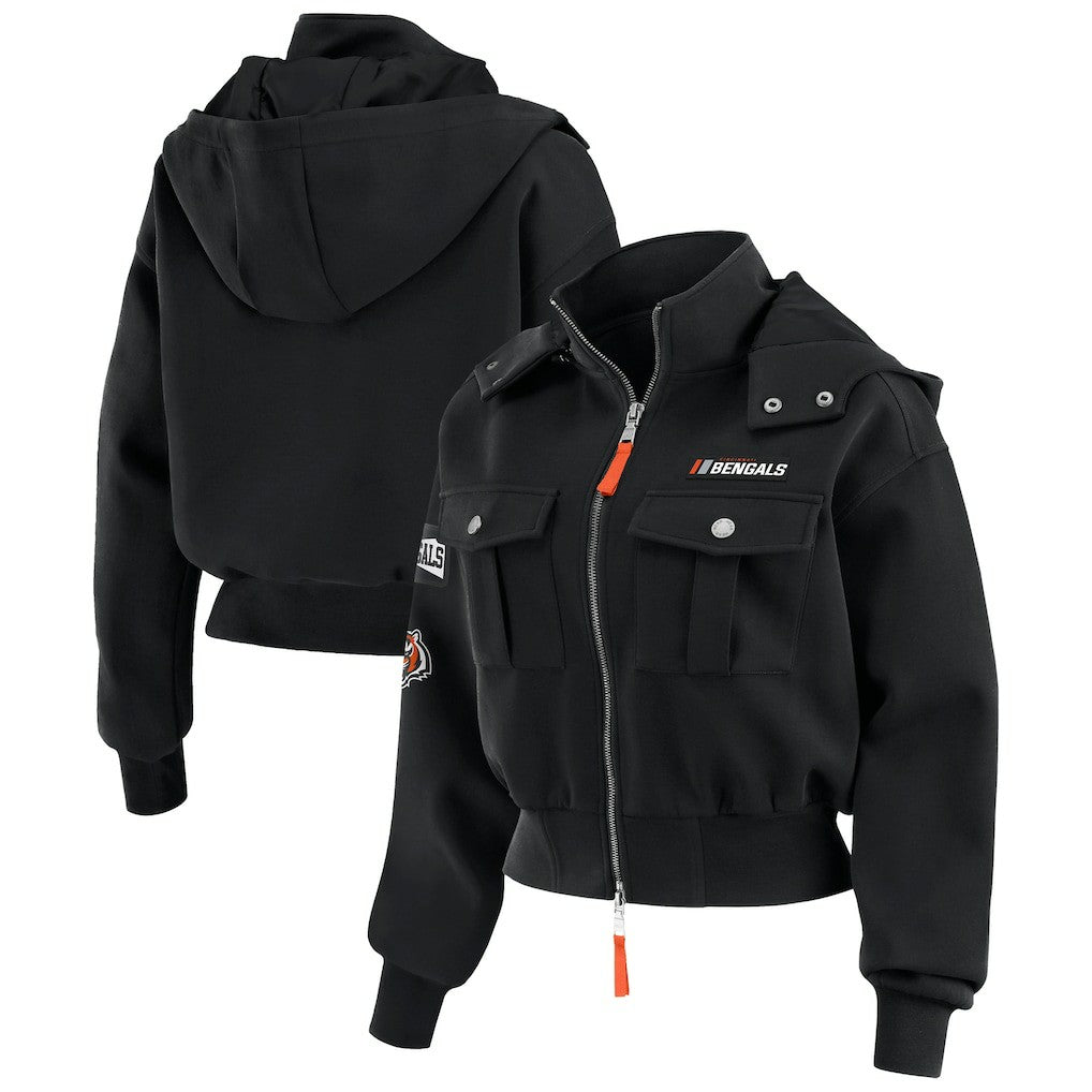 Cincinnati Bengals WEAR by Erin Andrews Women's Tri-Blend Patch Pocket Cropped Full-Zip Bomber Hoodie Jacket | NFL Hot