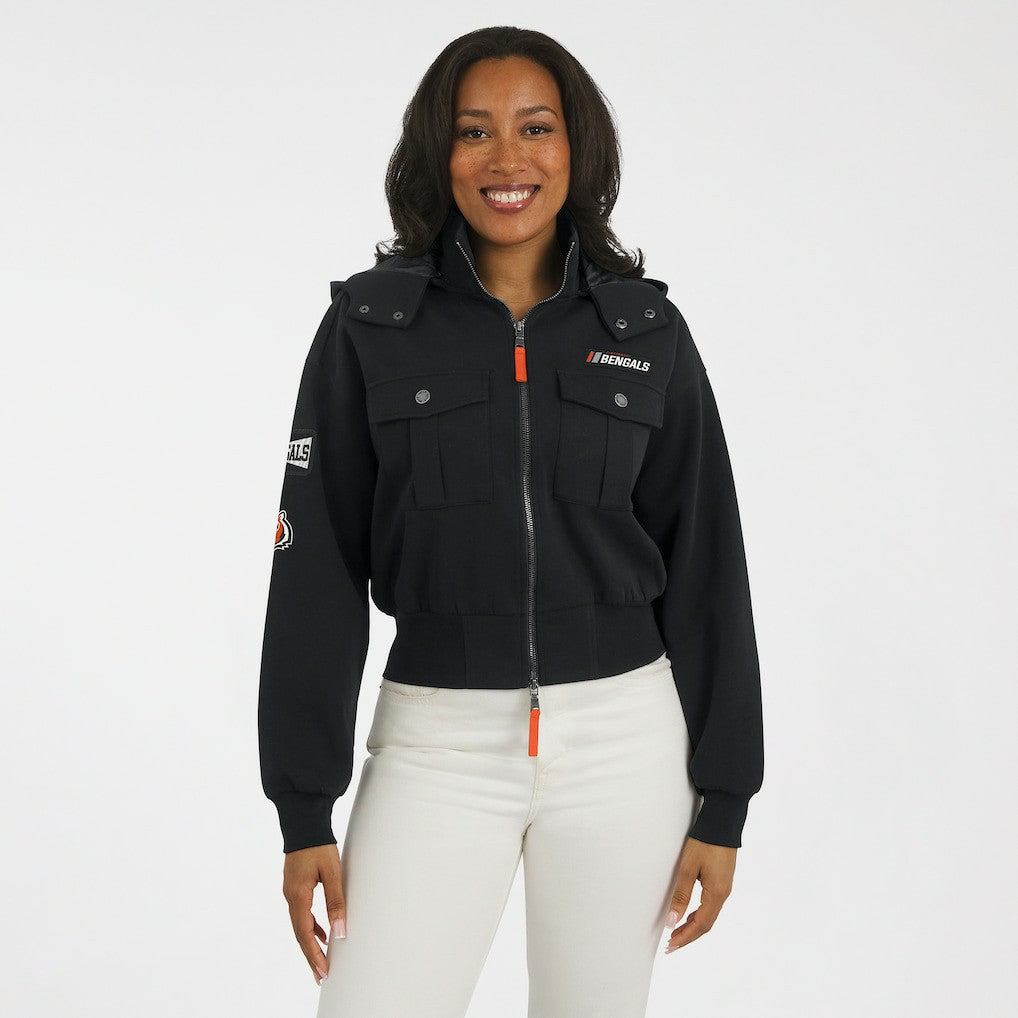 Cincinnati Bengals WEAR by Erin Andrews Women's Tri-Blend Patch Pocket Cropped Full-Zip Bomber Hoodie Jacket | NFL Hot
