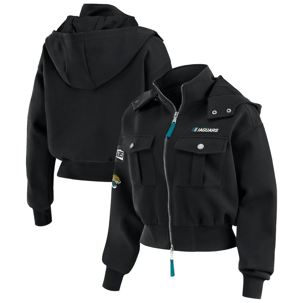 Jacksonville Jaguars WEAR by Erin Andrews Women's Tri-Blend Patch Pocket Cropped Full-Zip Bomber Hoodie Jacket | NFL Online