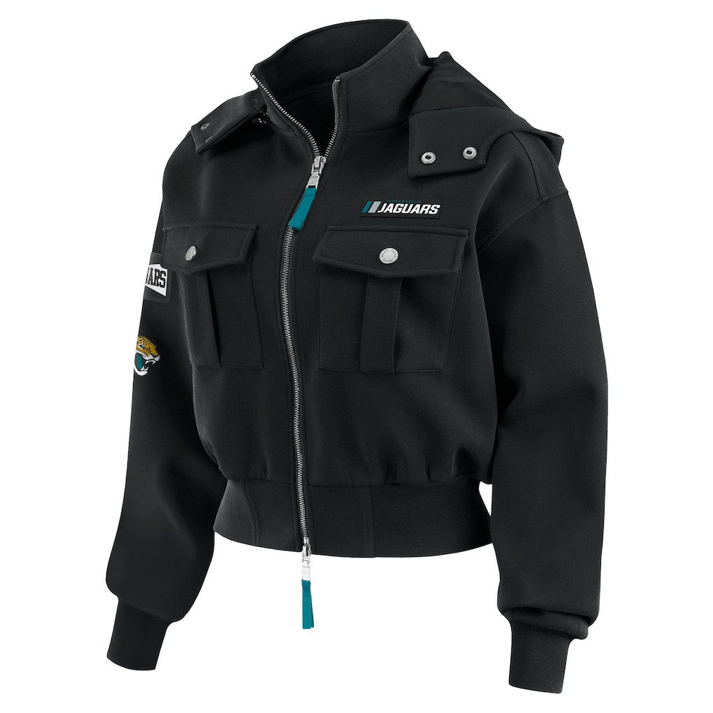 Jacksonville Jaguars WEAR by Erin Andrews Women's Tri-Blend Patch Pocket Cropped Full-Zip Bomber Hoodie Jacket | NFL Online