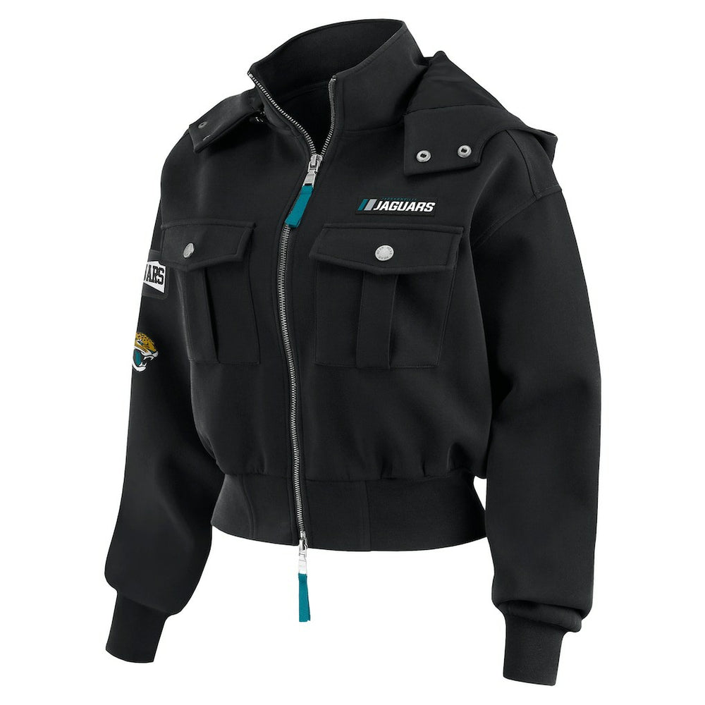 Jacksonville Jaguars WEAR by Erin Andrews Women's Tri-Blend Patch Pocket Cropped Full-Zip Bomber Hoodie Jacket | NFL Online