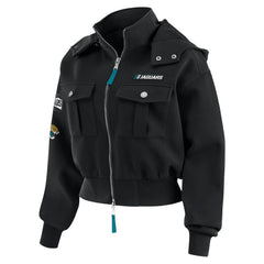 Jacksonville Jaguars WEAR by Erin Andrews Women's Tri-Blend Patch Pocket Cropped Full-Zip Bomber Hoodie Jacket | NFL Online