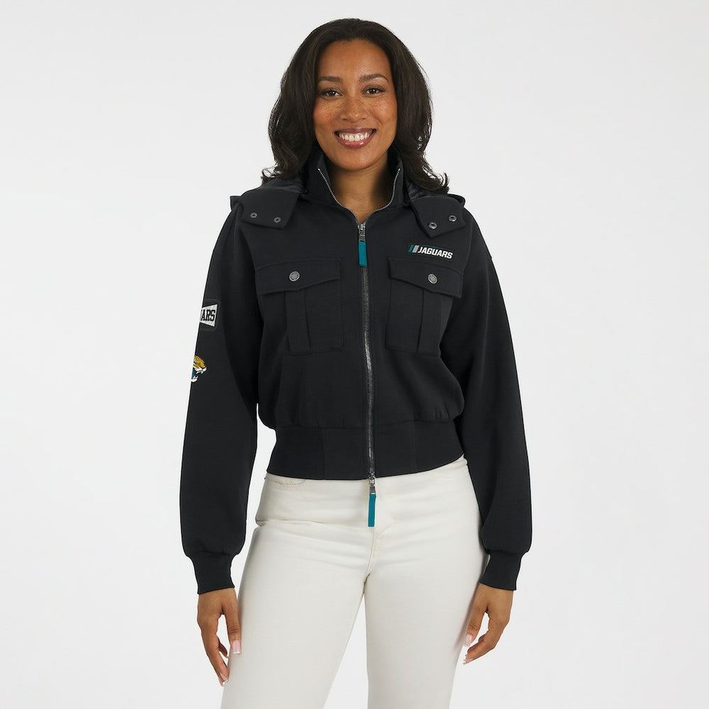 Jacksonville Jaguars WEAR by Erin Andrews Women's Tri-Blend Patch Pocket Cropped Full-Zip Bomber Hoodie Jacket | NFL Online