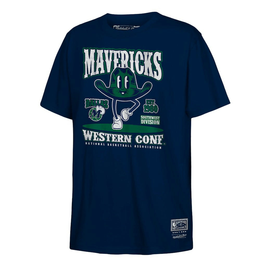 Navy Dallas Mavericks Youth Retro Mascot Script T-Shirt sale | NBA