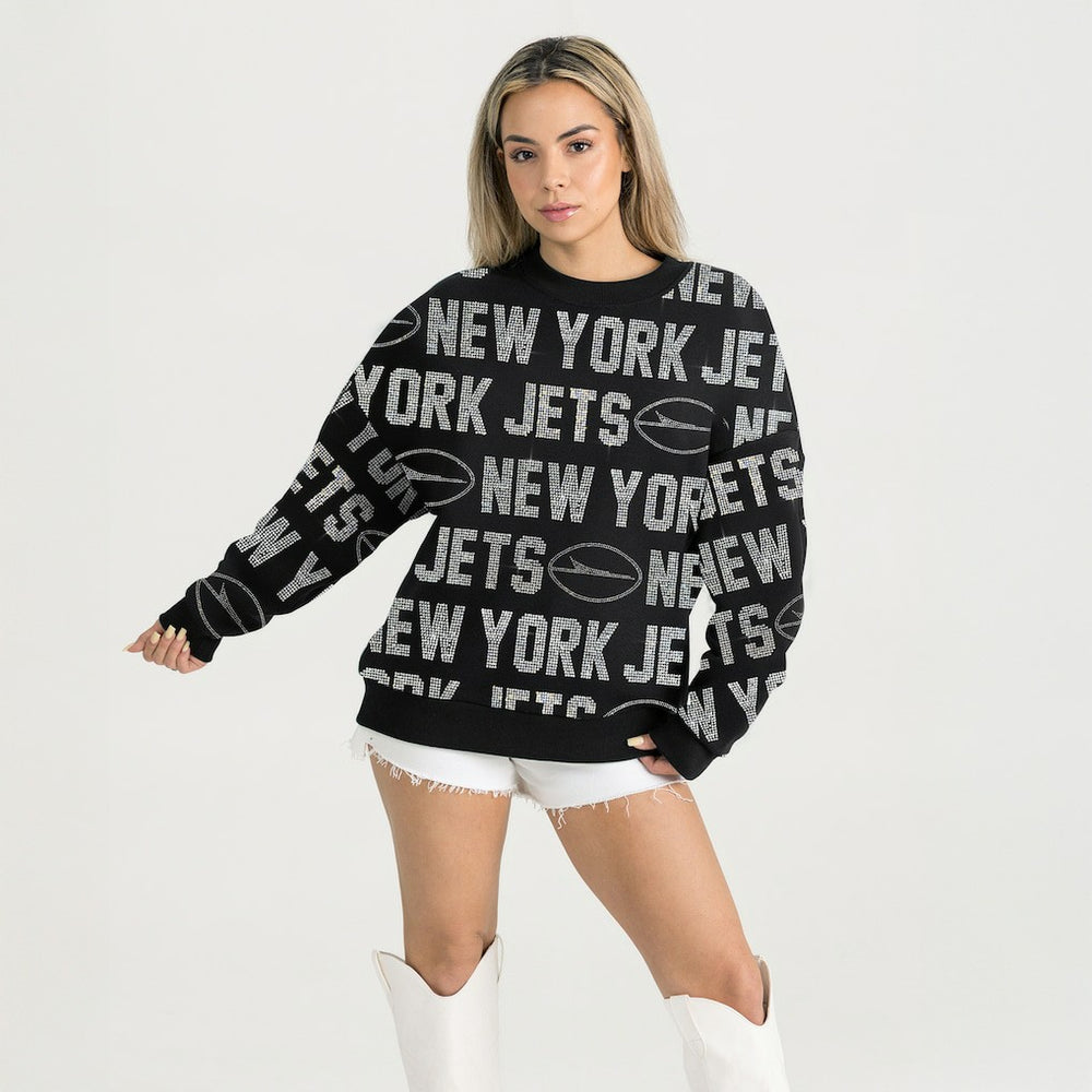New York Jets Gameday Couture Women's Oversized Hype Era Rhinestone Text Sweatshirt | NFL Online