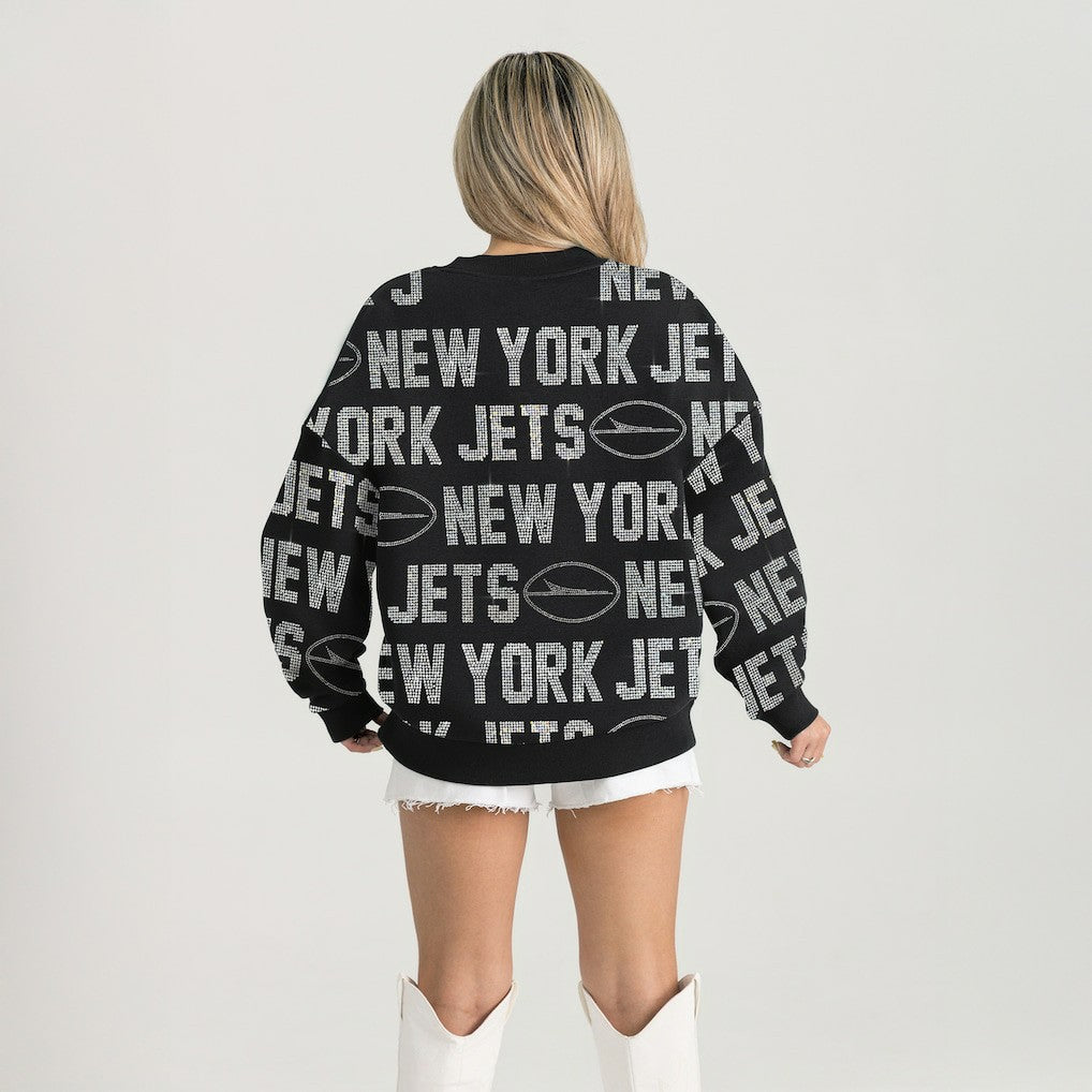 New York Jets Gameday Couture Women's Oversized Hype Era Rhinestone Text Sweatshirt | NFL Online