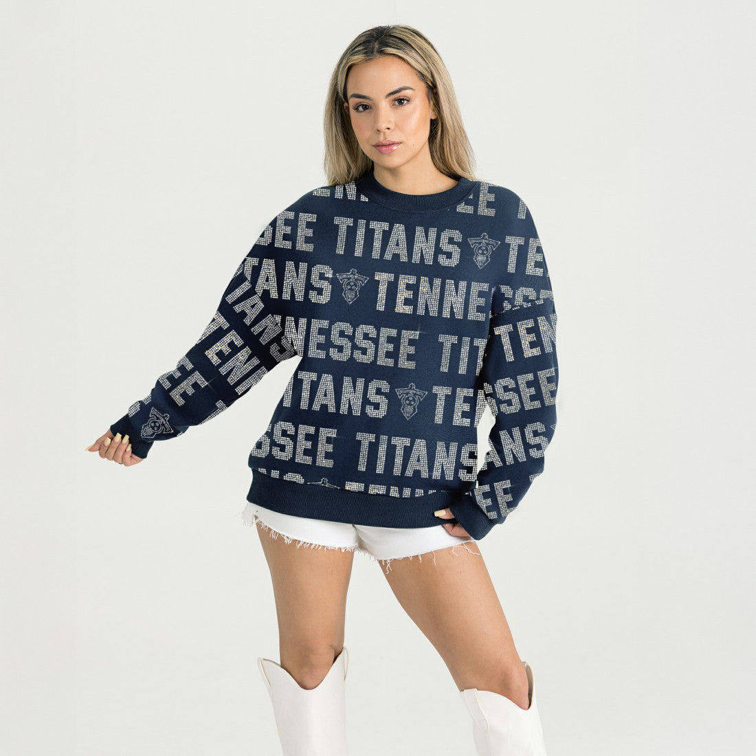 Tennessee Titans Gameday Couture Women's Oversized Hype Era Rhinestone Text Sweatshirt | NFL Outlet