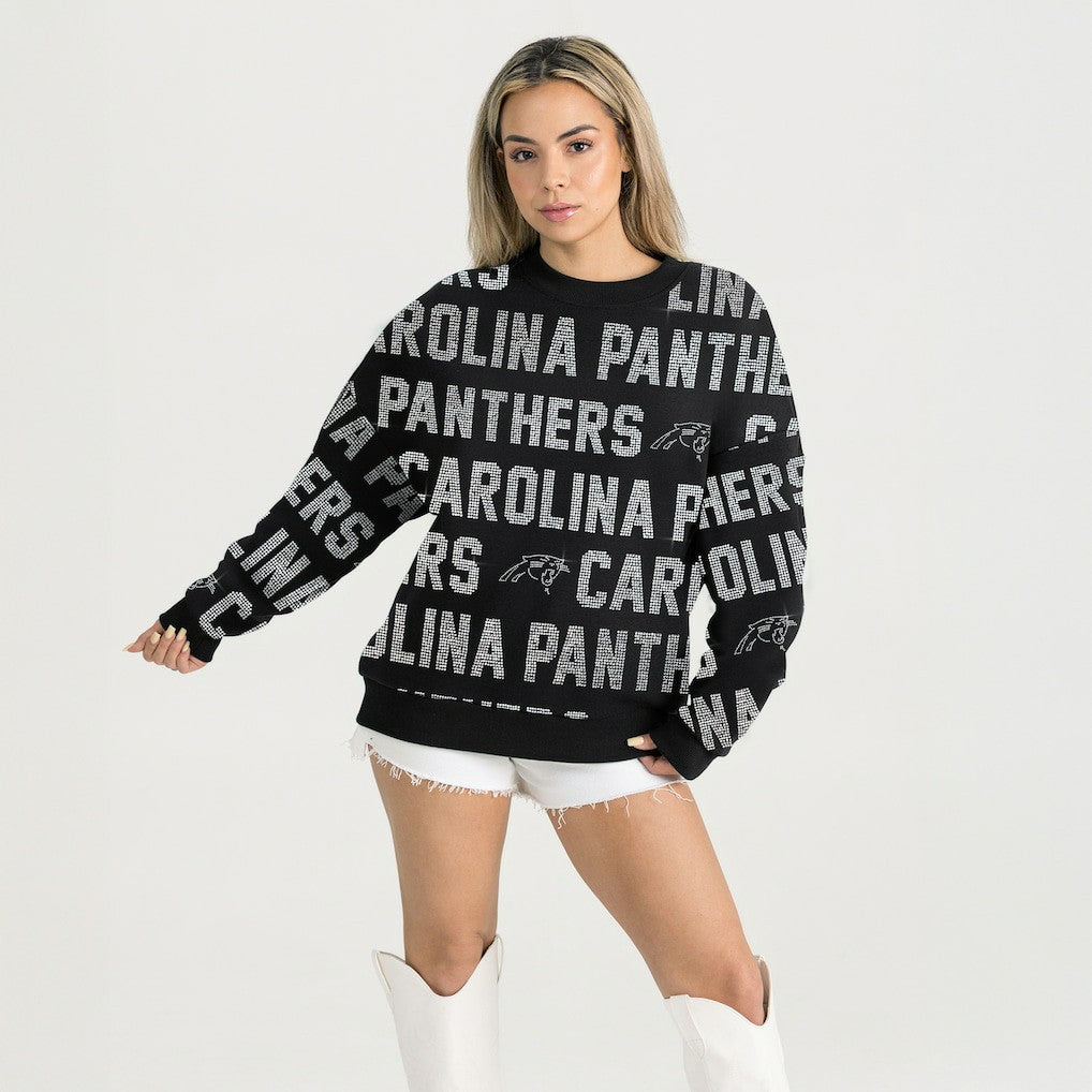 Carolina Panthers Gameday Couture Women's Oversized Hype Era Rhinestone Text Sweatshirt | NFL Hot