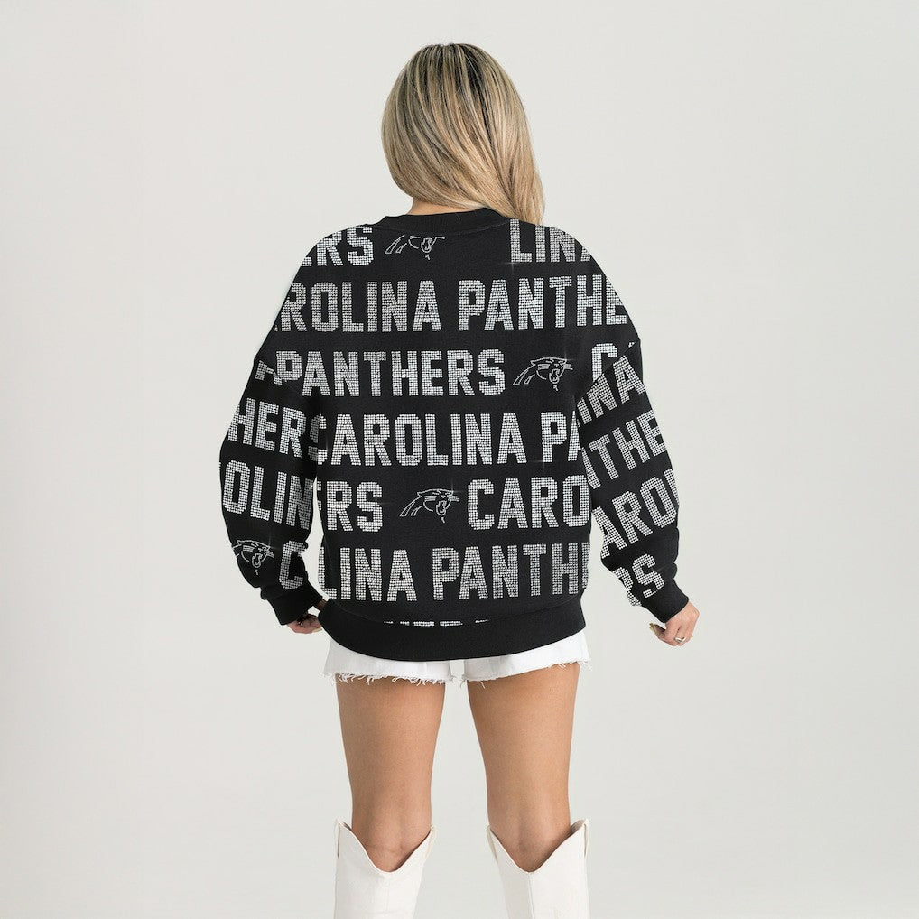 Carolina Panthers Gameday Couture Women's Oversized Hype Era Rhinestone Text Sweatshirt | NFL Hot