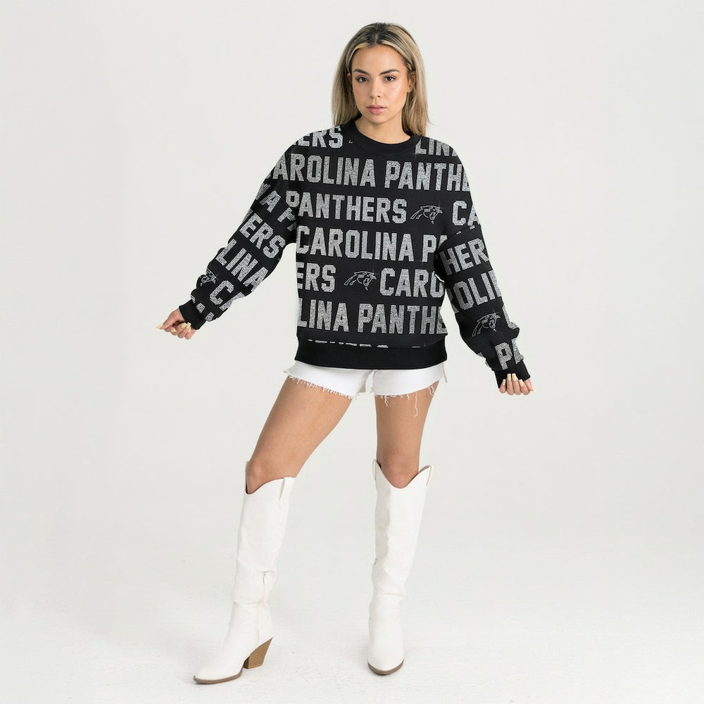 Carolina Panthers Gameday Couture Women's Oversized Hype Era Rhinestone Text Sweatshirt | NFL Hot