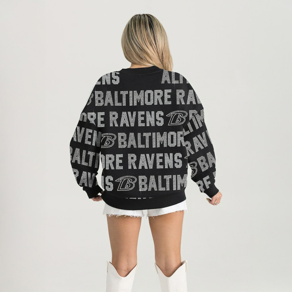 Baltimore Ravens Gameday Couture Women's Oversized Hype Era Rhinestone Text Sweatshirt | NFL Outlet