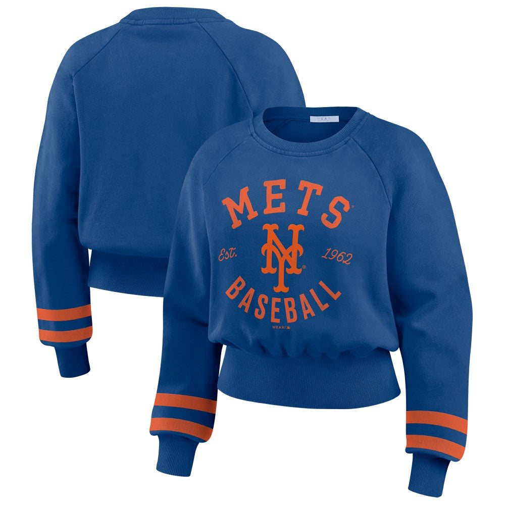 New York Mets WEAR by Erin Andrews Women's Vintage Washed Cropped Pullover Sweatshirt - MLB Pullover