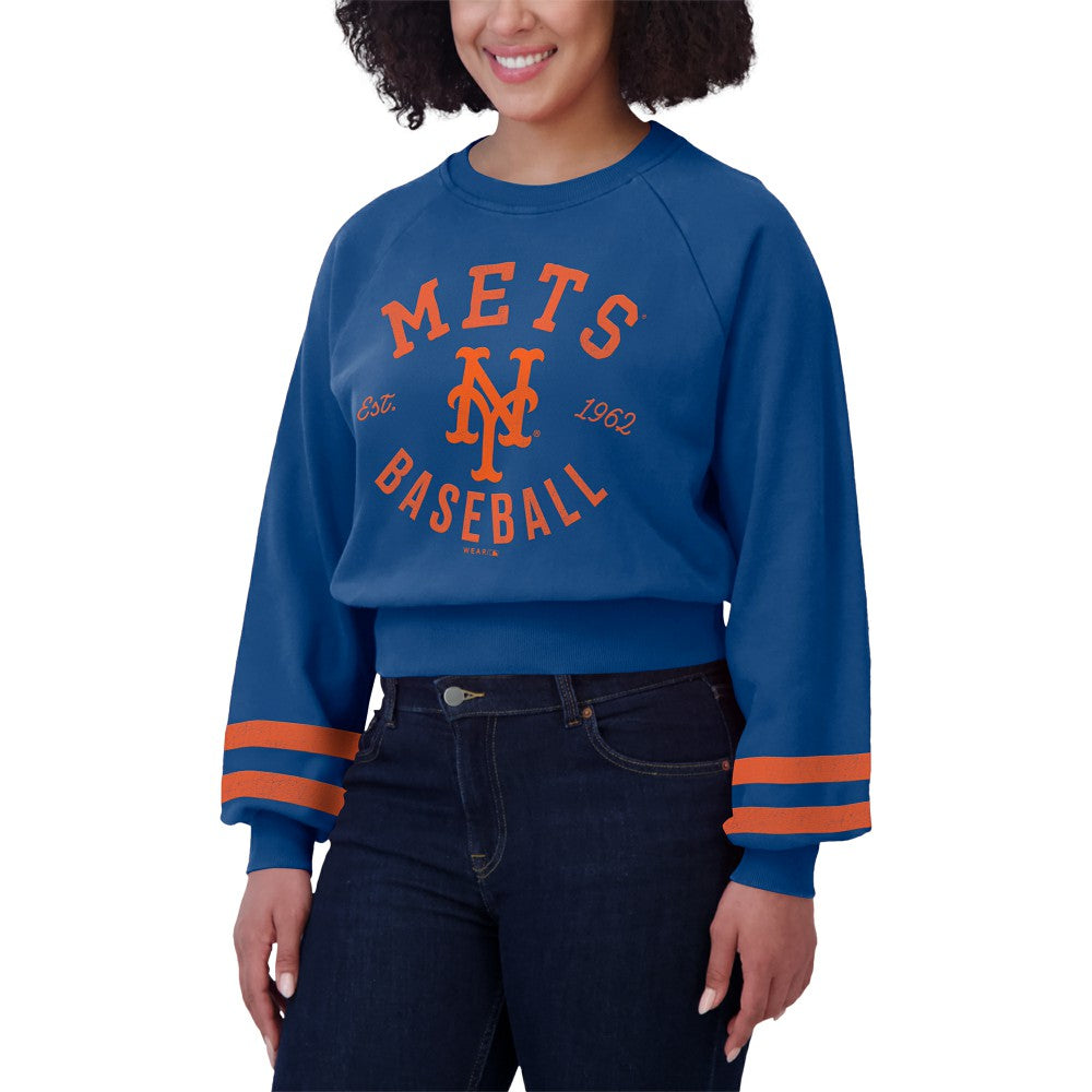 New York Mets WEAR by Erin Andrews Women's Vintage Washed Cropped Pullover Sweatshirt - MLB Pullover