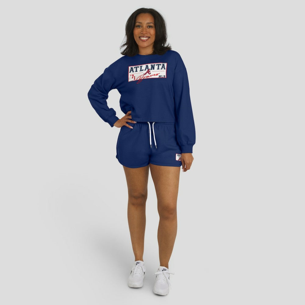 Atlanta Braves WEAR by Erin Andrews Women's Heavy Rugby Jersey Cropped Long Sleeve T-Shirt & Shorts Lounge Set - MLB Jerseys