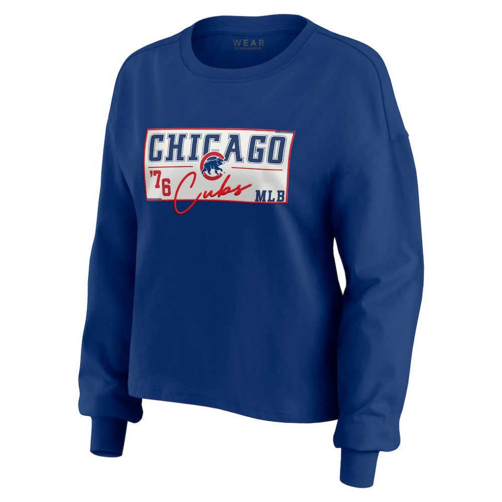 Chicago Cubs WEAR by Erin Andrews Women's Heavy Rugby Jersey Cropped Long Sleeve T-Shirt & Shorts Lounge Set - MLB Jerseys