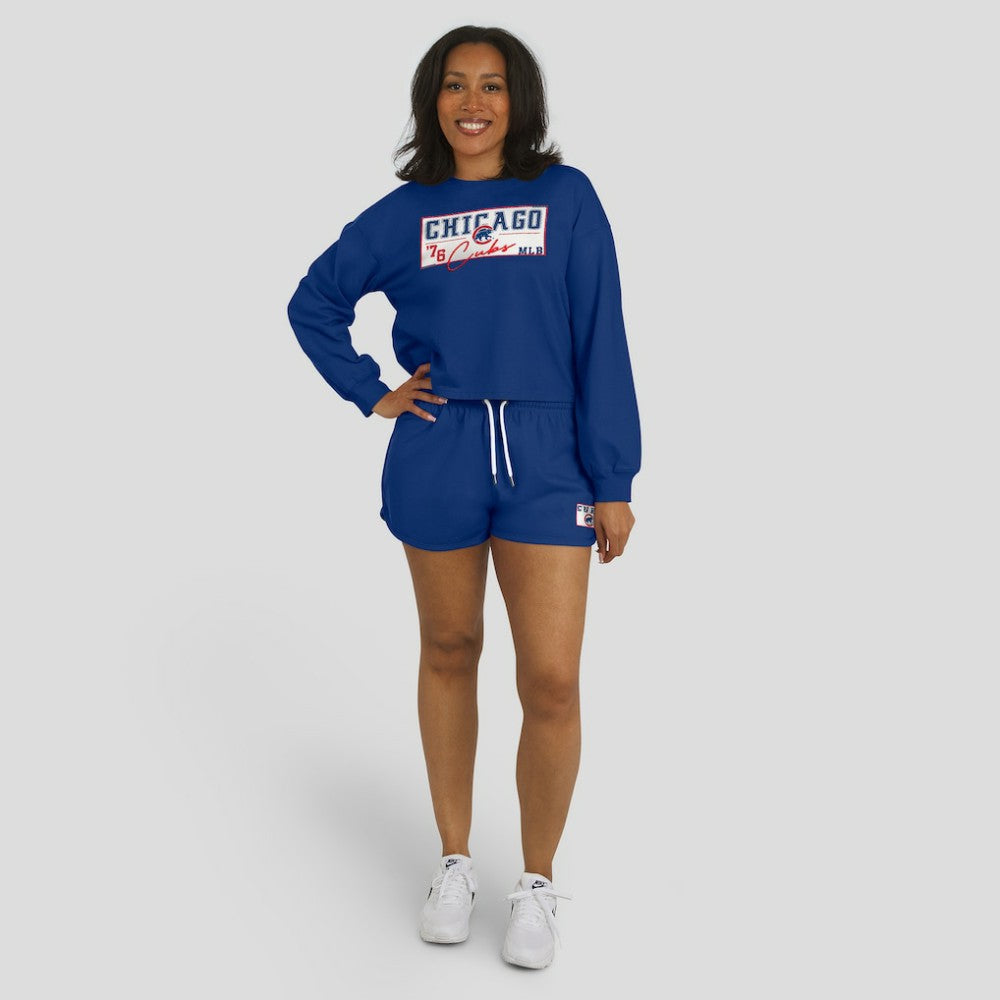 Chicago Cubs WEAR by Erin Andrews Women's Heavy Rugby Jersey Cropped Long Sleeve T-Shirt & Shorts Lounge Set - MLB Jerseys