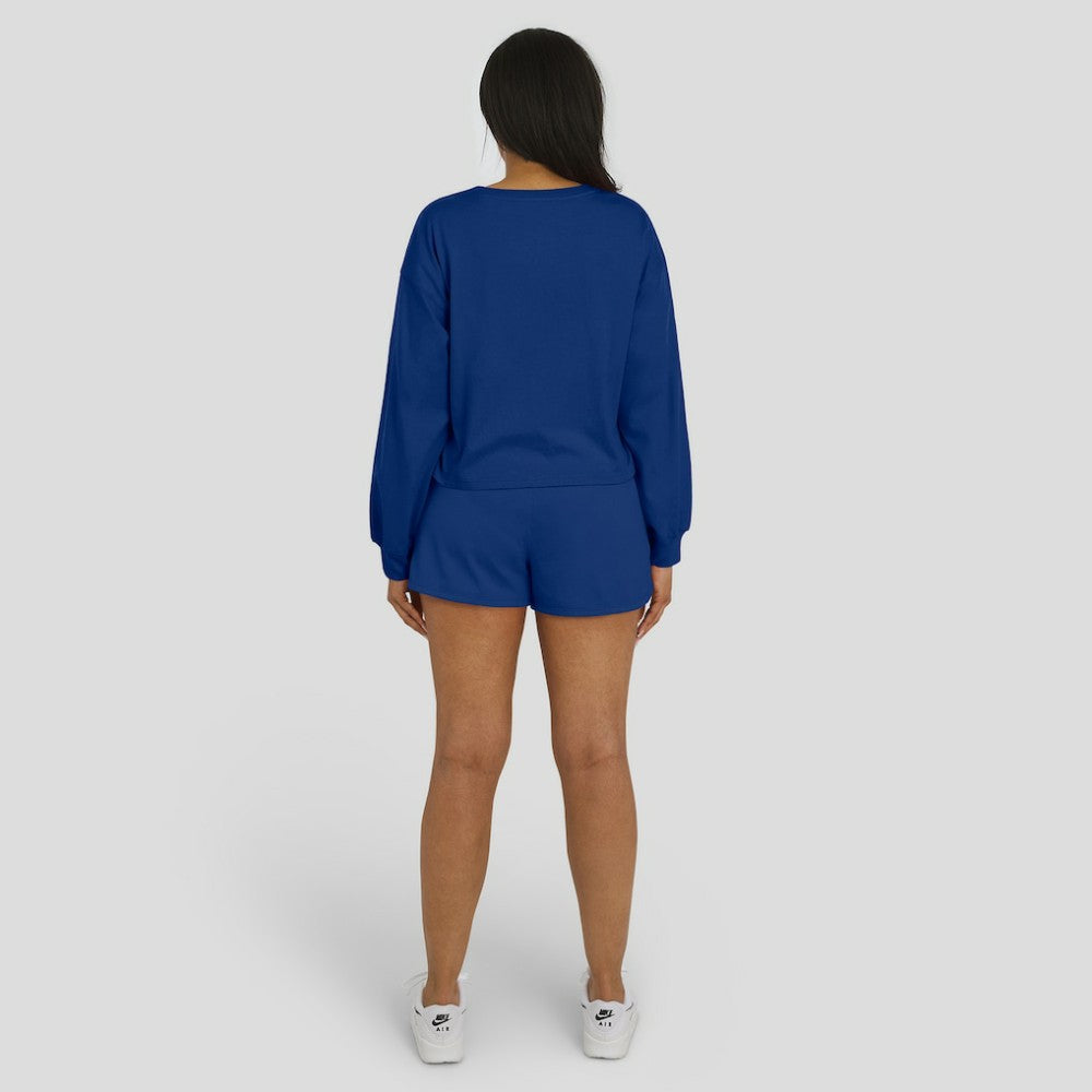 Chicago Cubs WEAR by Erin Andrews Women's Heavy Rugby Jersey Cropped Long Sleeve T-Shirt & Shorts Lounge Set - MLB Jerseys