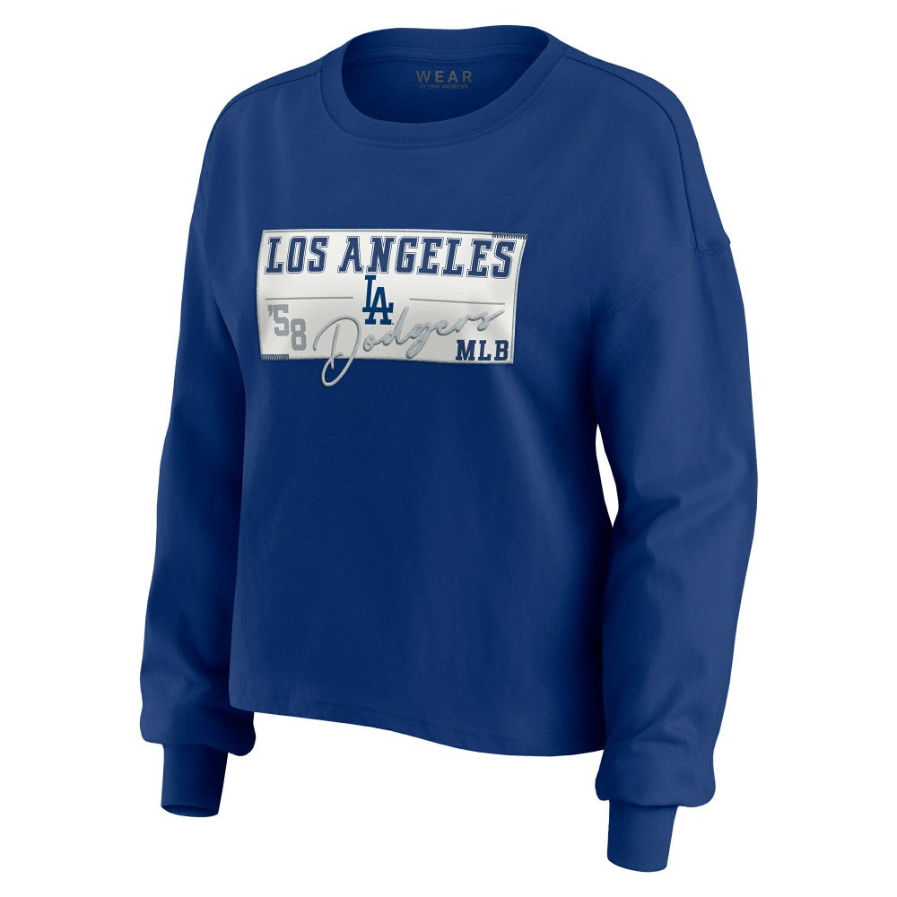Los Angeles Dodgers WEAR by Erin Andrews Women's Heavy Rugby Jersey Cropped Long Sleeve T-Shirt & Shorts Lounge Set - MLB Jerseys