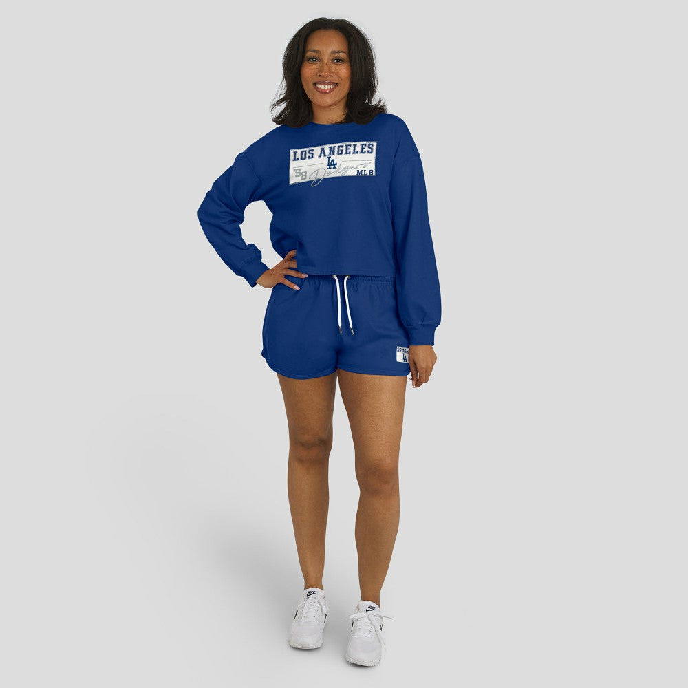 Los Angeles Dodgers WEAR by Erin Andrews Women's Heavy Rugby Jersey Cropped Long Sleeve T-Shirt & Shorts Lounge Set - MLB Jerseys