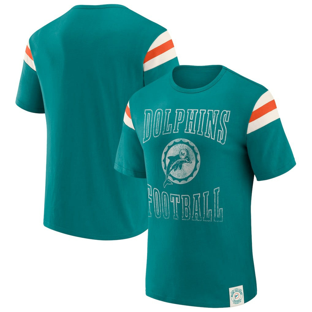 Miami Dolphins Darius Rucker Collection Distressed Throwback Shoulder Stripe T-Shirt | NFL New