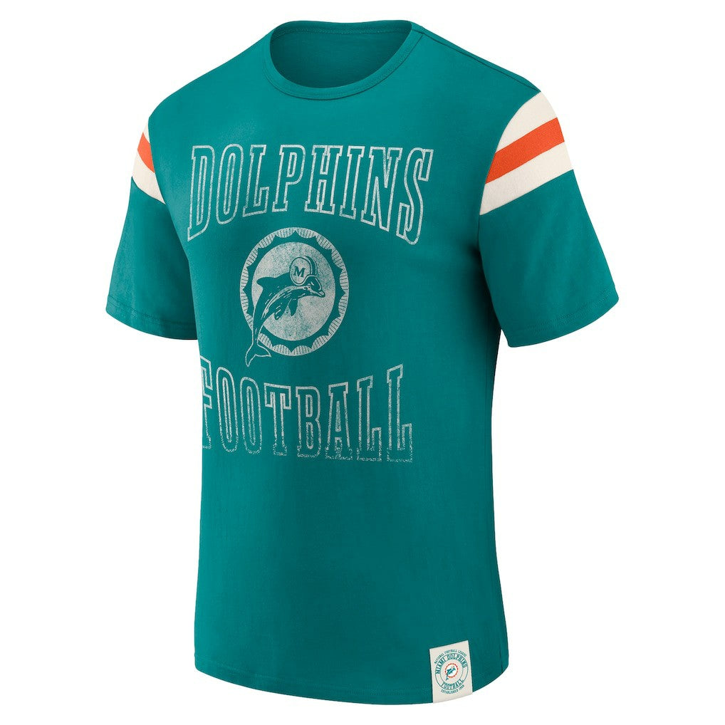 Miami Dolphins Darius Rucker Collection Distressed Throwback Shoulder Stripe T-Shirt | NFL New