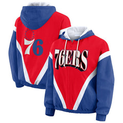 Red/Royal Philadelphia 76ers WEAR by Erin Andrews Women's Colorblock Full-Zip Hoodie Windbreaker Jacket | NBA