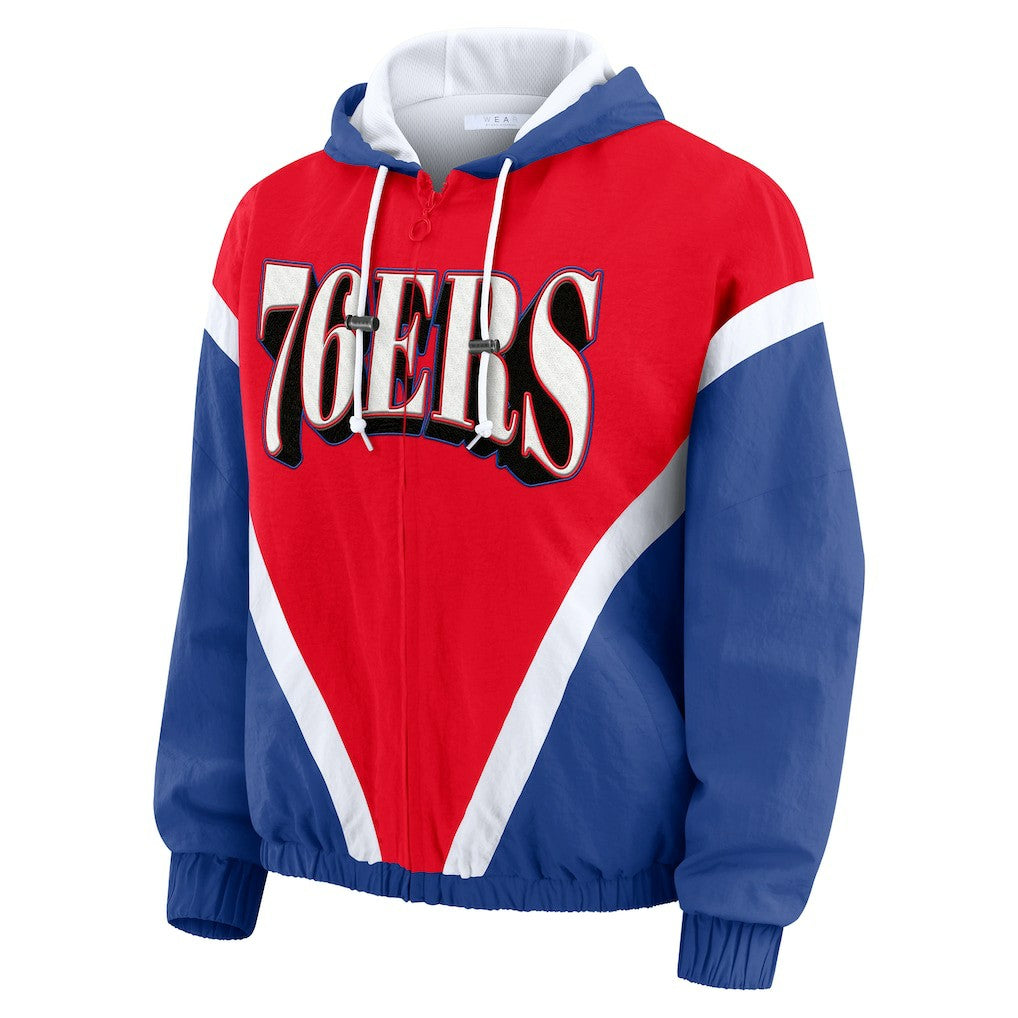 Red/Royal Philadelphia 76ers WEAR by Erin Andrews Women's Colorblock Full-Zip Hoodie Windbreaker Jacket | NBA