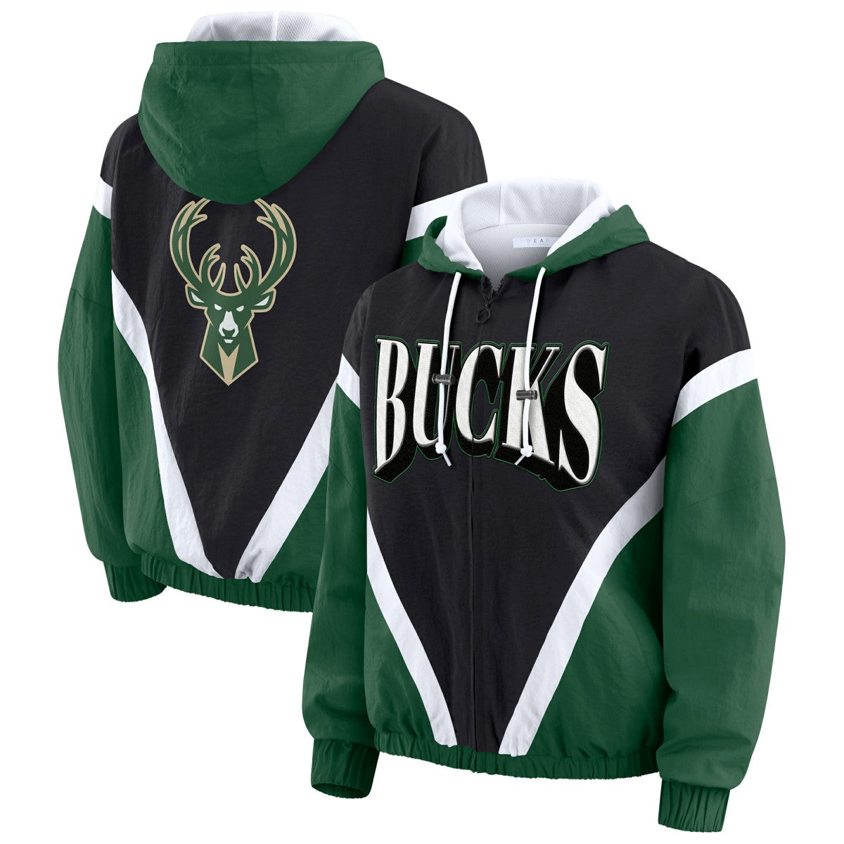 Black/Hunter Green Milwaukee Bucks WEAR by Erin Andrews Women's Colorblock Full-Zip Hoodie Windbreaker Jacket | NBA