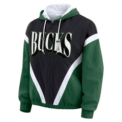 Black/Hunter Green Milwaukee Bucks WEAR by Erin Andrews Women's Colorblock Full-Zip Hoodie Windbreaker Jacket | NBA