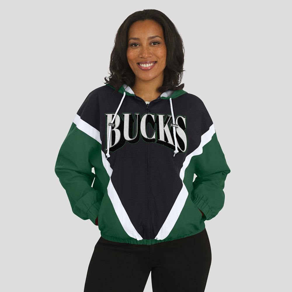 Black/Hunter Green Milwaukee Bucks WEAR by Erin Andrews Women's Colorblock Full-Zip Hoodie Windbreaker Jacket | NBA