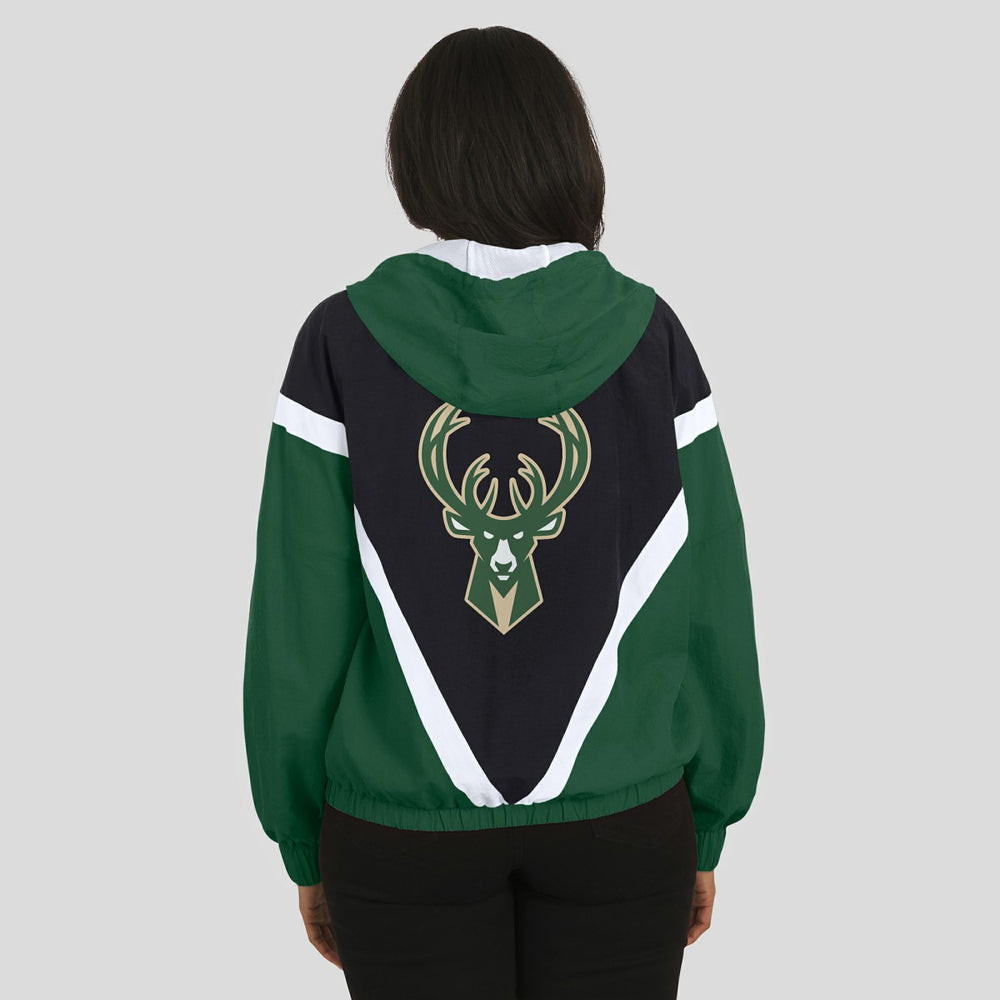 Black/Hunter Green Milwaukee Bucks WEAR by Erin Andrews Women's Colorblock Full-Zip Hoodie Windbreaker Jacket | NBA