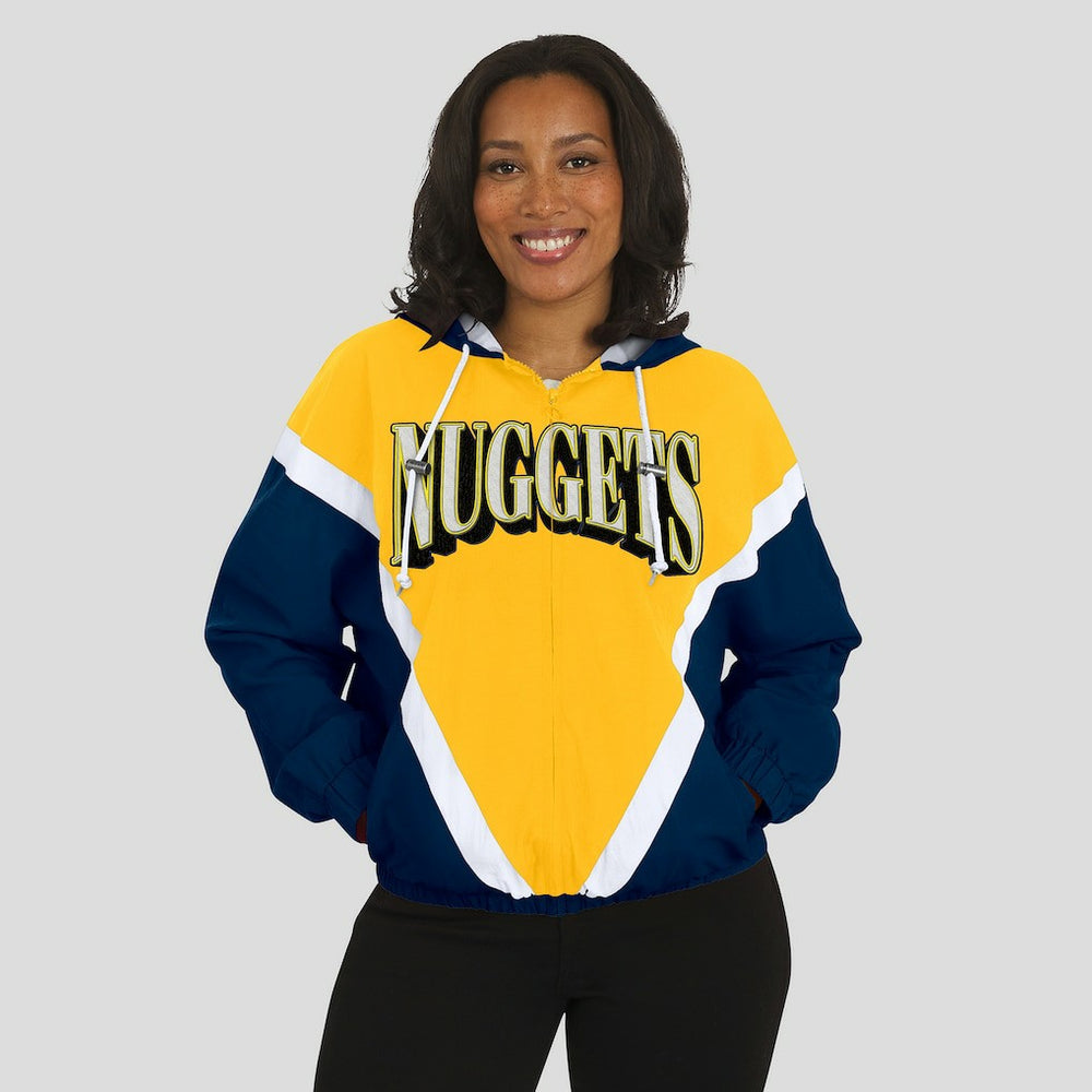 Gold/Navy Denver Nuggets WEAR by Erin Andrews Women's Colorblock Full-Zip Hoodie Windbreaker Jacket sale | NBA