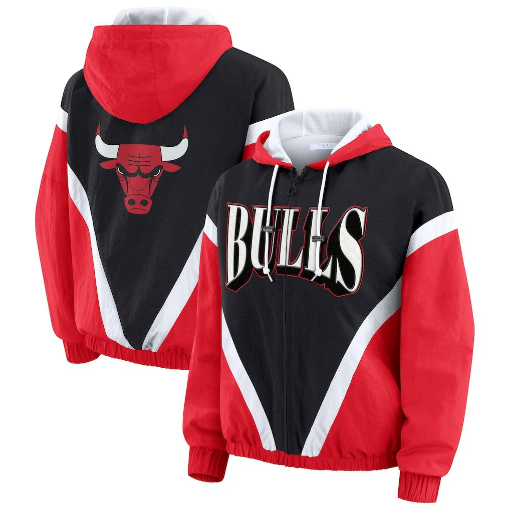 Black/Red Chicago Bulls WEAR by Erin Andrews Women's Colorblock Full-Zip Hoodie Windbreaker Jacket | NBA