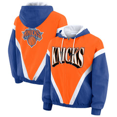 Orange/Royal New York Knicks WEAR by Erin Andrews Women's Colorblock Full-Zip Hoodie Windbreaker Jacket | NBA