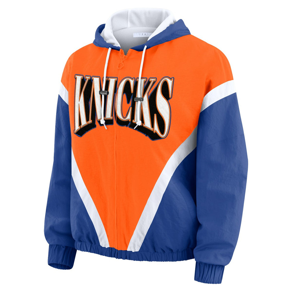 Orange/Royal New York Knicks WEAR by Erin Andrews Women's Colorblock Full-Zip Hoodie Windbreaker Jacket | NBA