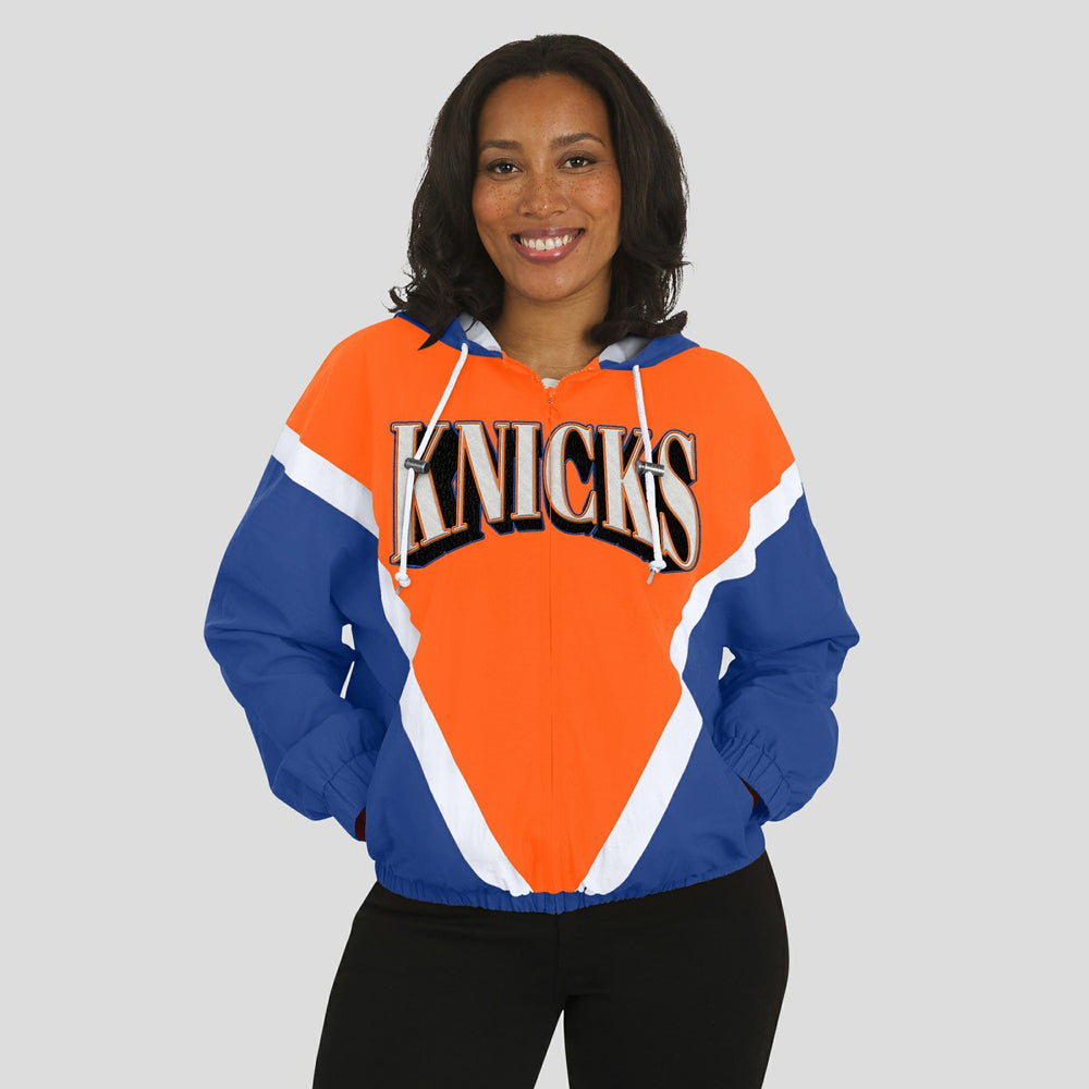 Orange/Royal New York Knicks WEAR by Erin Andrews Women's Colorblock Full-Zip Hoodie Windbreaker Jacket | NBA