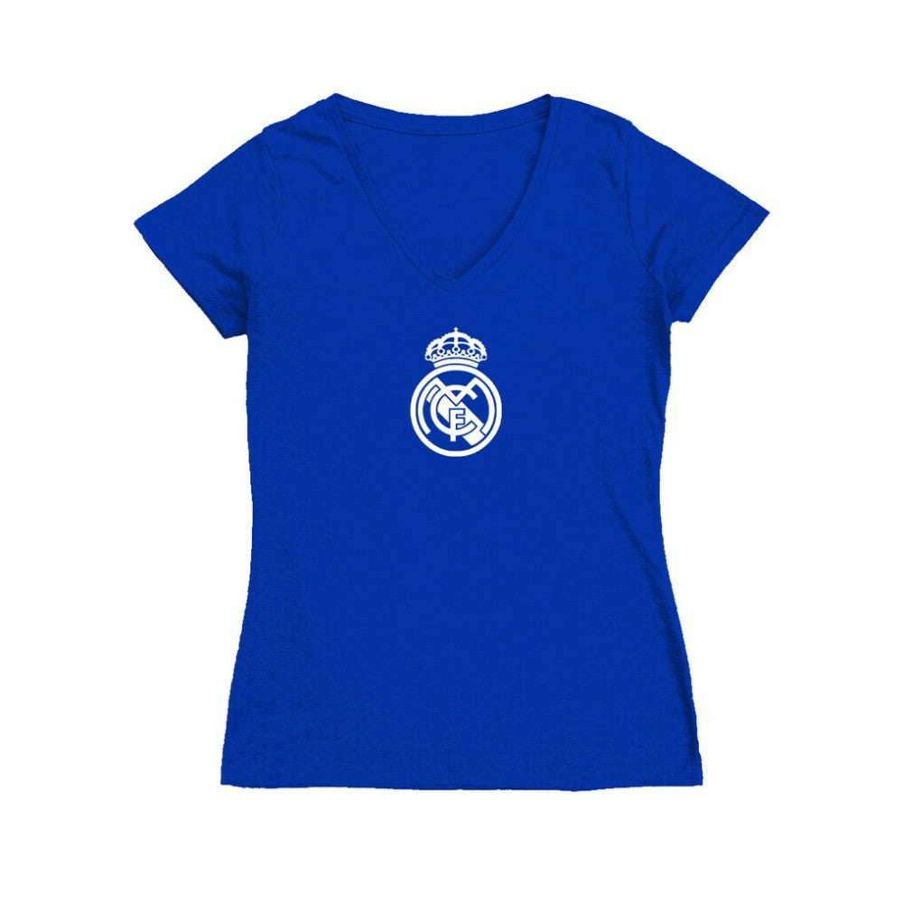 Real Madrid Vive La Fete Women's Color Badge V-Neck Fitted T-Shirt Discount - Royal