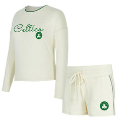 Cream Boston Celtics Concepts Sport Women's Kaki Hacci Knit Long Sleeve Top & Shorts Set | NBA