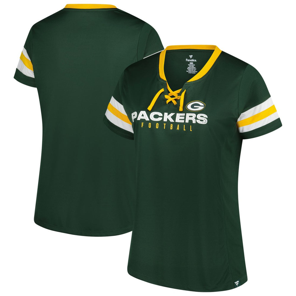 Green Bay Packers Women's Plus Size Rhinestone Redzone Athena Lace-Up Notch Neck T-Shirt | NFL Online