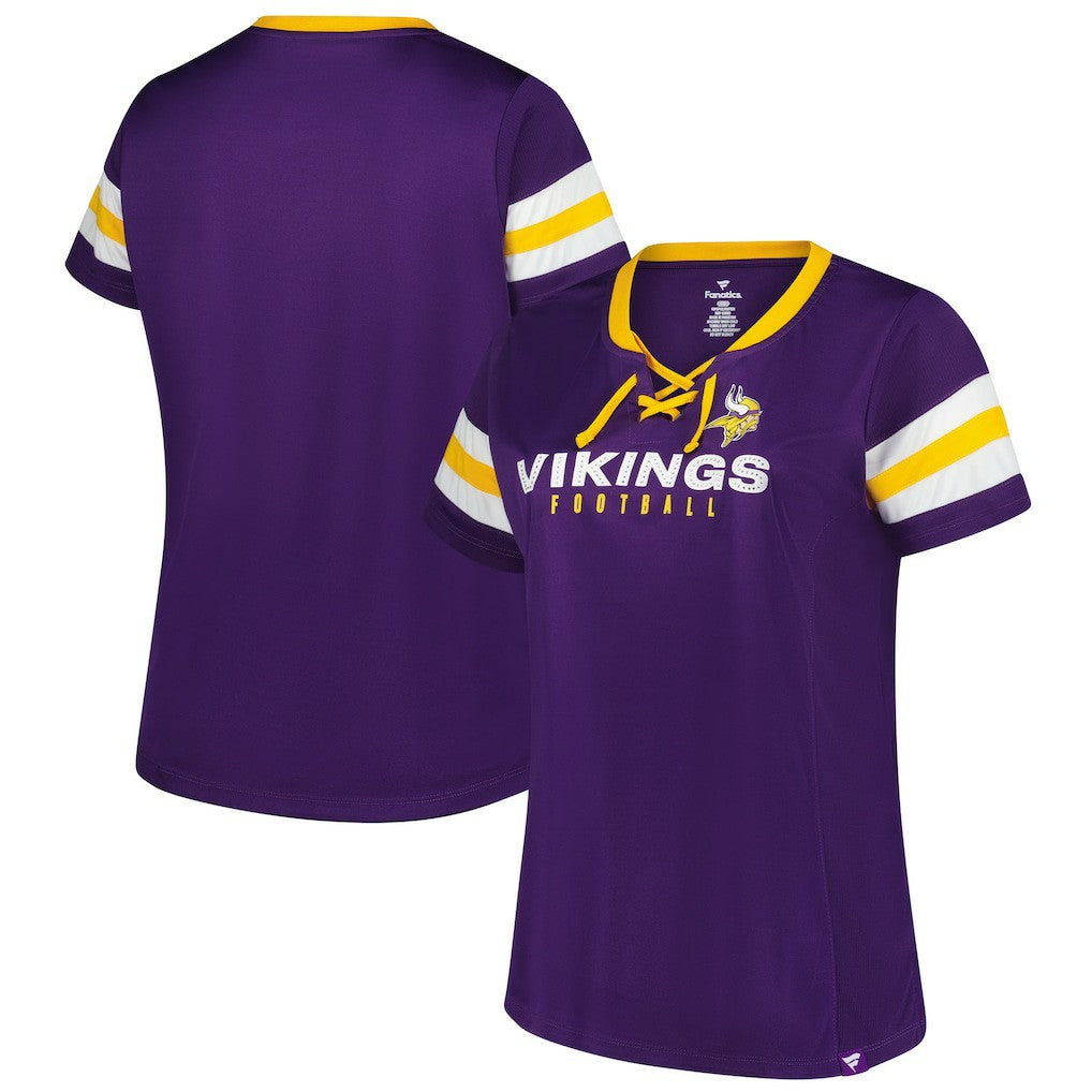 Minnesota Vikings Women's Plus Size Rhinestone Redzone Athena Lace-Up Notch Neck T-Shirt | NFL New