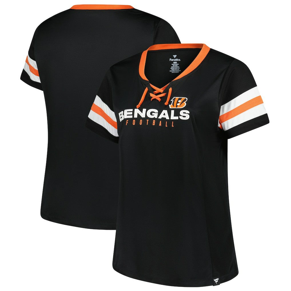 Cincinnati Bengals Women's Plus Size Red Zone Athena Lace-Up V-Notch Neck T-Shirt | NFL Hot