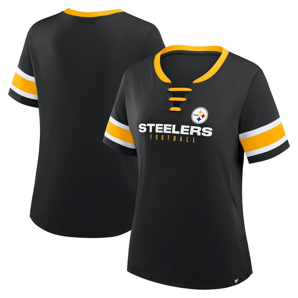 Pittsburgh Steelers Women's Plus Size Red Zone Athena Lace-Up V-Notch Neck T-Shirt | NFL New