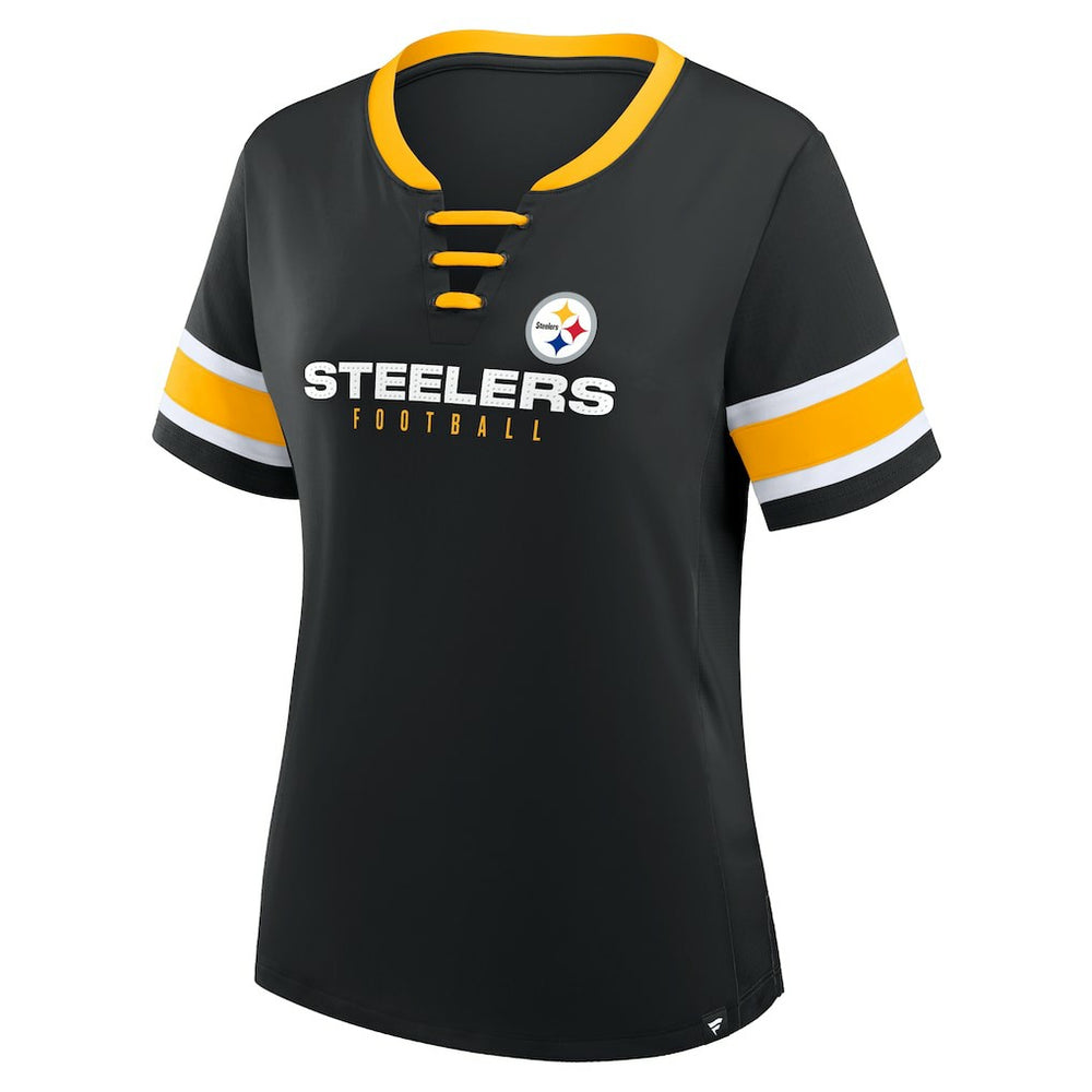 Pittsburgh Steelers Women's Plus Size Red Zone Athena Lace-Up V-Notch Neck T-Shirt | NFL New