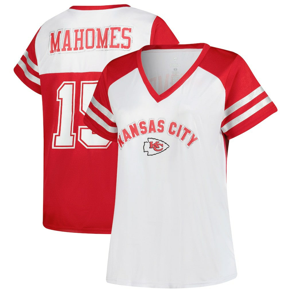 Kansas City Chiefs Patrick Mahomes  Women's Plus Size Bling V-Neck T-Shirt | NFL Discount